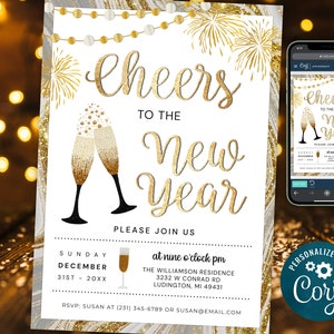 New Years Eve Invitation New Year Party Invite, Sparkle Gold Winter Invitation NYEP