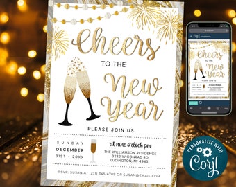 New Years Eve Invitation New Year Party Invite, Sparkle Gold Winter Invitation NYEP