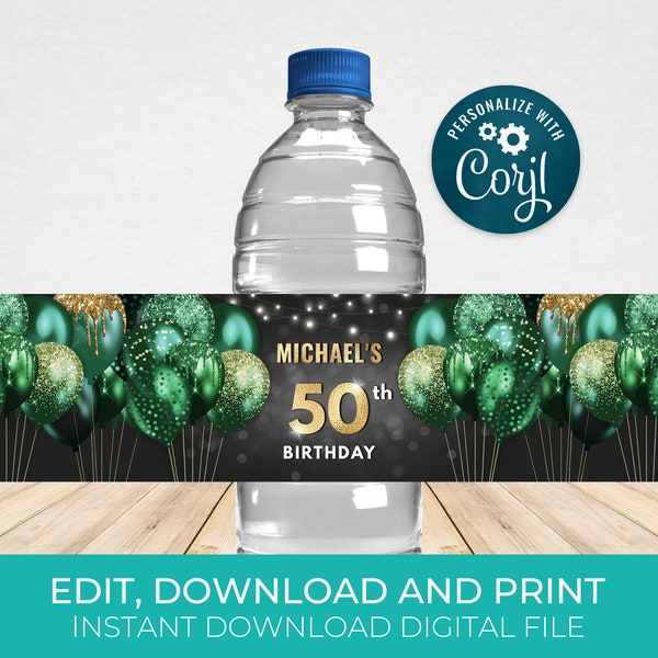 Green & Gold Water Bottle Label Template, Water Wrappers, Birthday Party Favors Editable, Digital Download BPB B106A