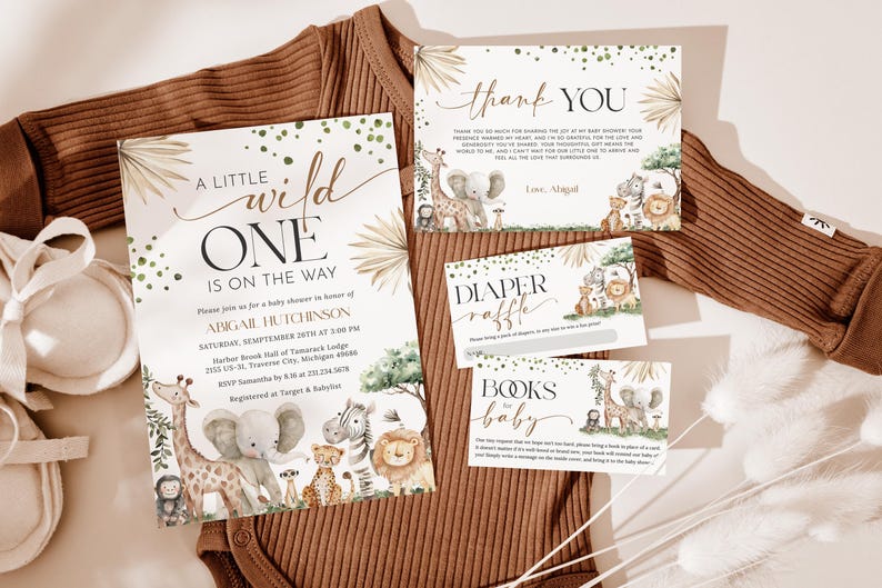 Safari Animals Gender Neutral Baby Shower Invitation + Games Bundle - A Little Wild One on the Way - Editable Digital Download 6030-BBS