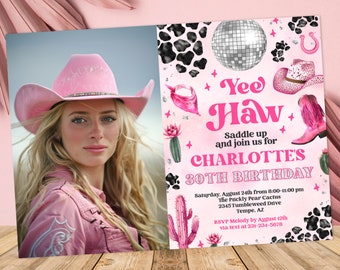 Invito di compleanno a tema cowgirl spaziale modificabile per adulti - Invito a tema cowgirl disco rosa - Festa a tema rodeo di Nashville - Download immediato 0600 - PBG