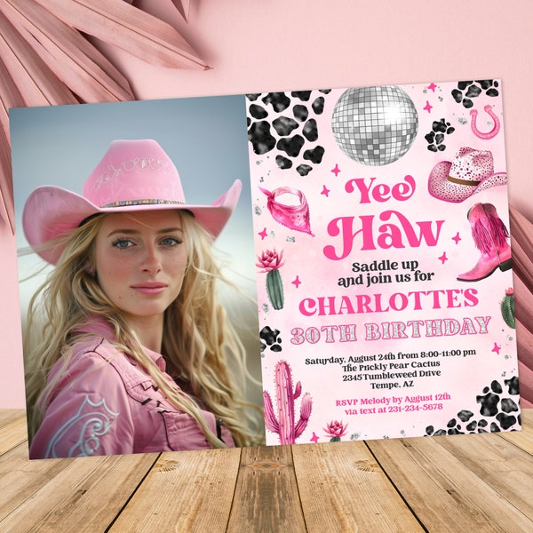 Editable Adult Space Cowgirl Birthday Photo Invitation - Pink Disco Cowgirl Invite - Nashville Rodeo Party - Instant Download 0600 - PBG