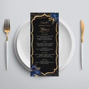 Editable Menu Template and Drink Menu Event Menu Template, Navy Blue Roses and Gold Glitter Digital Instant Digital Download BPR BP111