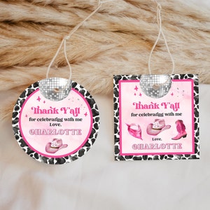 Editable Space Cowgirl Birthday Favor Tags Template - Pink Disco Cowgirl - Nashville Rodeo - Circle + Square - Instant Download 0600 PBG