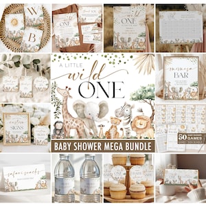 May include: A collection of baby shower decorations with a safari theme. The items include invitations, signs, cupcake toppers, and water bottle labels. The designs feature watercolor illustrations of safari animals and the text "A Little Wild One".
