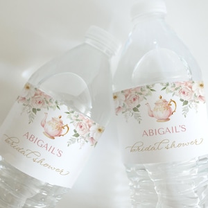 Modèle d'étiquette de bouteille d'eau de douche nuptiale Tea Party - C'est l'heure du thé avec la future mariée - Tea Party nuptiale floral rose poudré - 5008