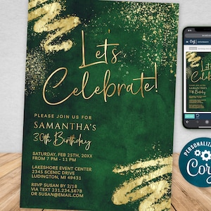 Groen en goud verjaardagsfeestje uitnodiging sjabloon digitale Instant Download bewerkbare heren dames BPG BP145