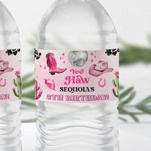 Editable Space Cowgirl Water Bottle Label Template - Pink Disco Cowgirl Party - Nashville Party - Instant Download Editable 0600 - PBG