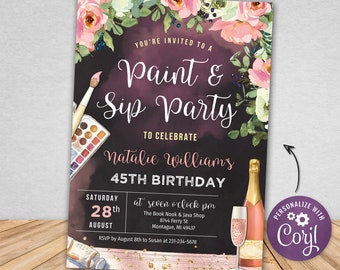 Champagne Paint and Sip Party Invite, Rose Gold Adult Paint Party Invitation, Art Party, Digital Download, Corjl, Instant Download