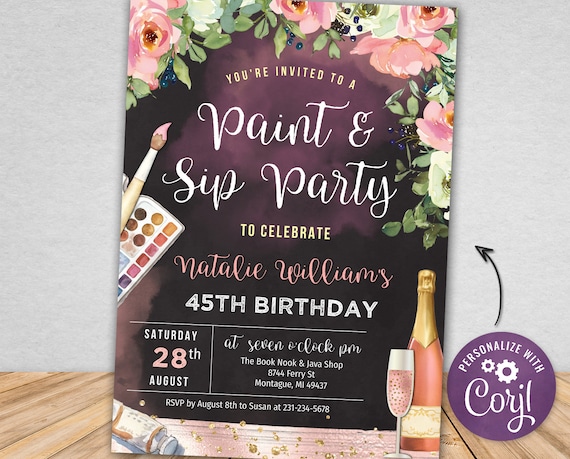 Champagne Paint and Sip Party Invite, Rose Gold Adult Paint Party Invitation, Art Party, Digital Download, Corjl, Instant Download