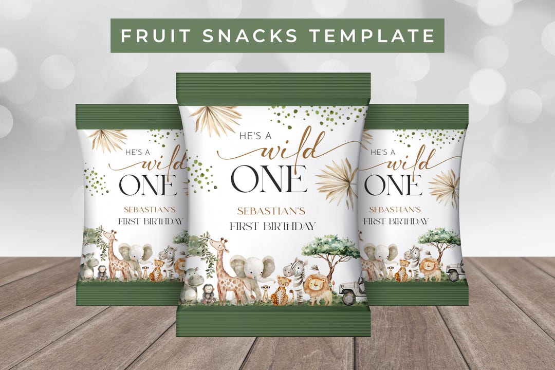 Snacks Rappers Design Wild One Fruit Snacks Wrapper Template - Jungle Safari Boy Birthday ...