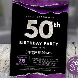 50th Birthday Invite FIFTY - Amethyst Agate Purple Silver Glitter Vein, Adult Birthday Invite Digital Instant Download Editable, AGT APBP