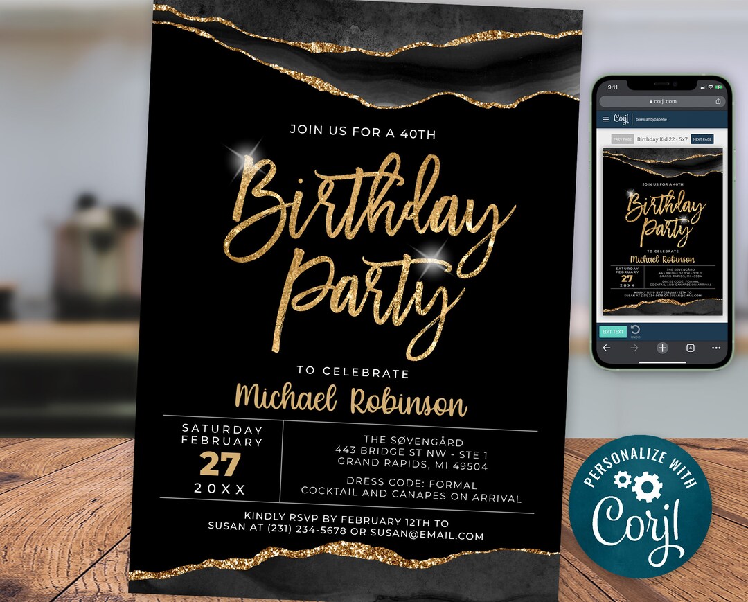 Black and Gold Birthday Invitation Template - Any Age - Digital Instant ...