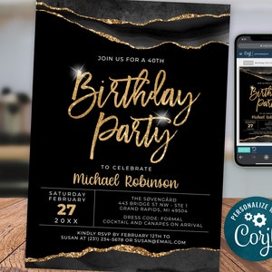 Black and Gold Birthday Invitation Template - Any Age - Digital Instant Download - Editable Invite - AGT APBRBG