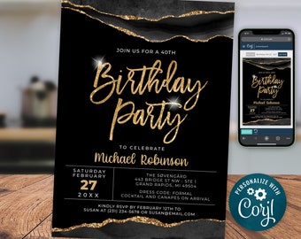 Black and Gold Birthday Invitation Template - Any Age - Digital Instant Download - Editable Invite - AGT APBRBG