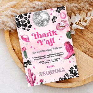 Editable Space Cowgirl Birthday Thank You Card Template - Pink Disco Cowgirl Party Invite - Nashville Party - Instant Download 0600 - PBG