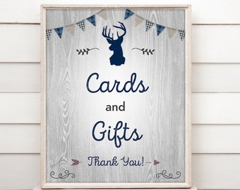 Editable Little Buck Deer Cards & Gifts Sign - Boy Baby Shower Sign - INSTANT DOWNLOAD - Plaid, Blue Gray BBS5