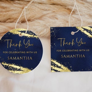 Navy Blue and Gold Favor Tag Template - Gift Tag Template, Glitter Sparkle Instant Digital Download Editable BPG BP140