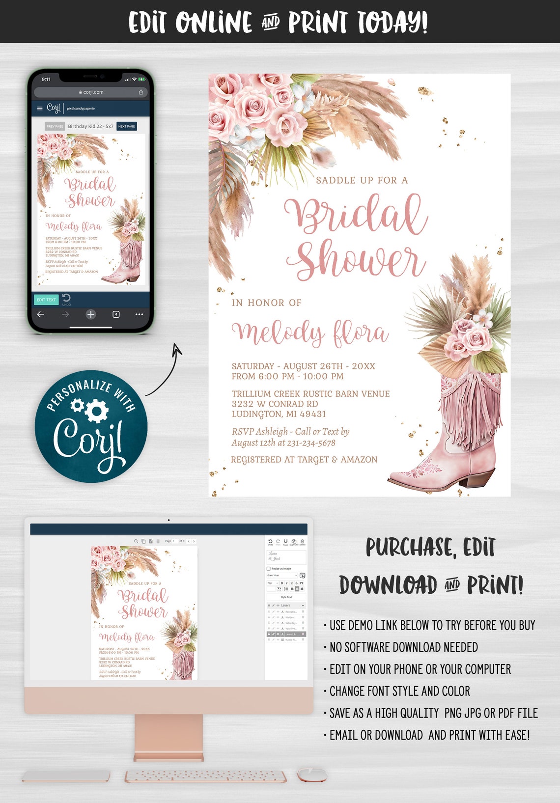 Editable Cowgirl Boot Bridal Shower Invitation With Pampas Grass and ...