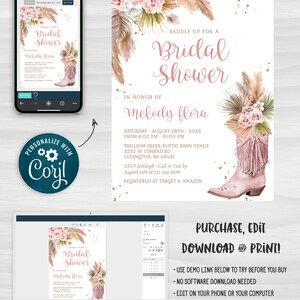 Editable Cowgirl Boot Bridal Shower Invitation With Pampas Grass and ...
