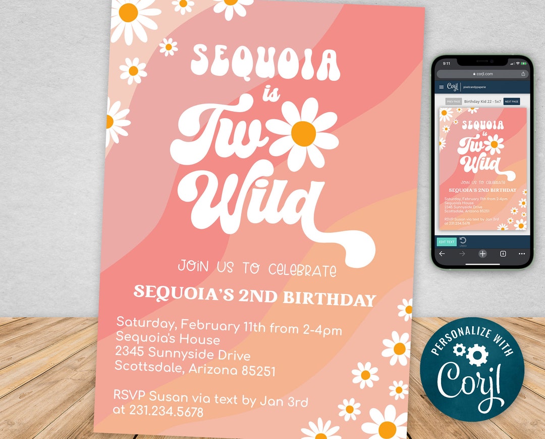 Editable Two Wild Invite Pink Daisy Rainbow 2nd Birthday Invite Boho
