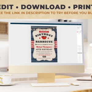 60th BBQ Birthday Invite - Summer Barbecue Party Invitation - Rustic Blue and Red Americana Style - Digital Download Editable Printable B63