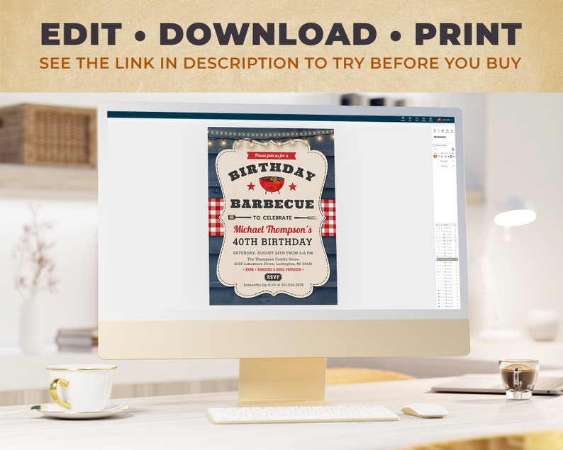 60th BBQ Birthday Invite - Summer Barbecue Party Invitation - Rustic Blue and Red Americana Style - Digital Download Editable Printable B63