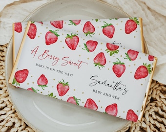 Plantilla de envoltura de barra de chocolate para baby shower de fresas - Baby Shower dulce de bayas - Baby Shower de niña - Descarga digital imprimible 1418BBS