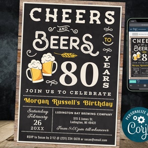 80th Cheers and Beers Birthday Party Invitation EIGHTY Wood & Chalkboard Digital INSTANT Download 5x7 Editable CB2 CBBP