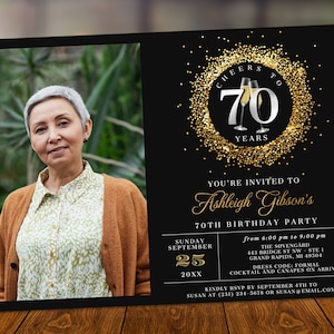 Cheers 70th Birthday Photo Invitation SEVENTY Party Silver Gold Glitter Sparkle Champagne Digital Instant Download 5x7 Template BP108B