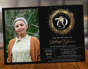 Cheers 70th Birthday Photo Invitation SEVENTY Party Silver Gold Glitter Sparkle Champagne Digital Instant Download 5x7 Template BP108B