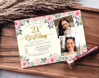 21. Geburtstag 2 Foto-Einladung - EINUNDWANZIG Geburtstag einladen - Gold, Creme & Blush rosa Blumen Digitaler SOFORT-Download bearbeitbar - B23C