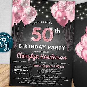 50. Geburtstagseinladung FIFTY Party schwarz rosa Glitter Sparkle Ballons Digital Sofort Download 13x18 Printable Bearbeitbar BPB BGPP
