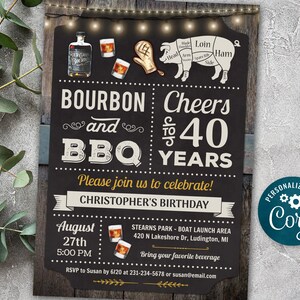 May include: A black chalkboard style invitation with gold accents for a 40th birthday party. The invitation reads "Bourbon and BBQ Cheers to 40 Years". The party is for Christopher and will be held on August 27th at 5:00 PM at Stearns Park in Ludington, Michigan. Guests are asked to bring their favorite beverage.