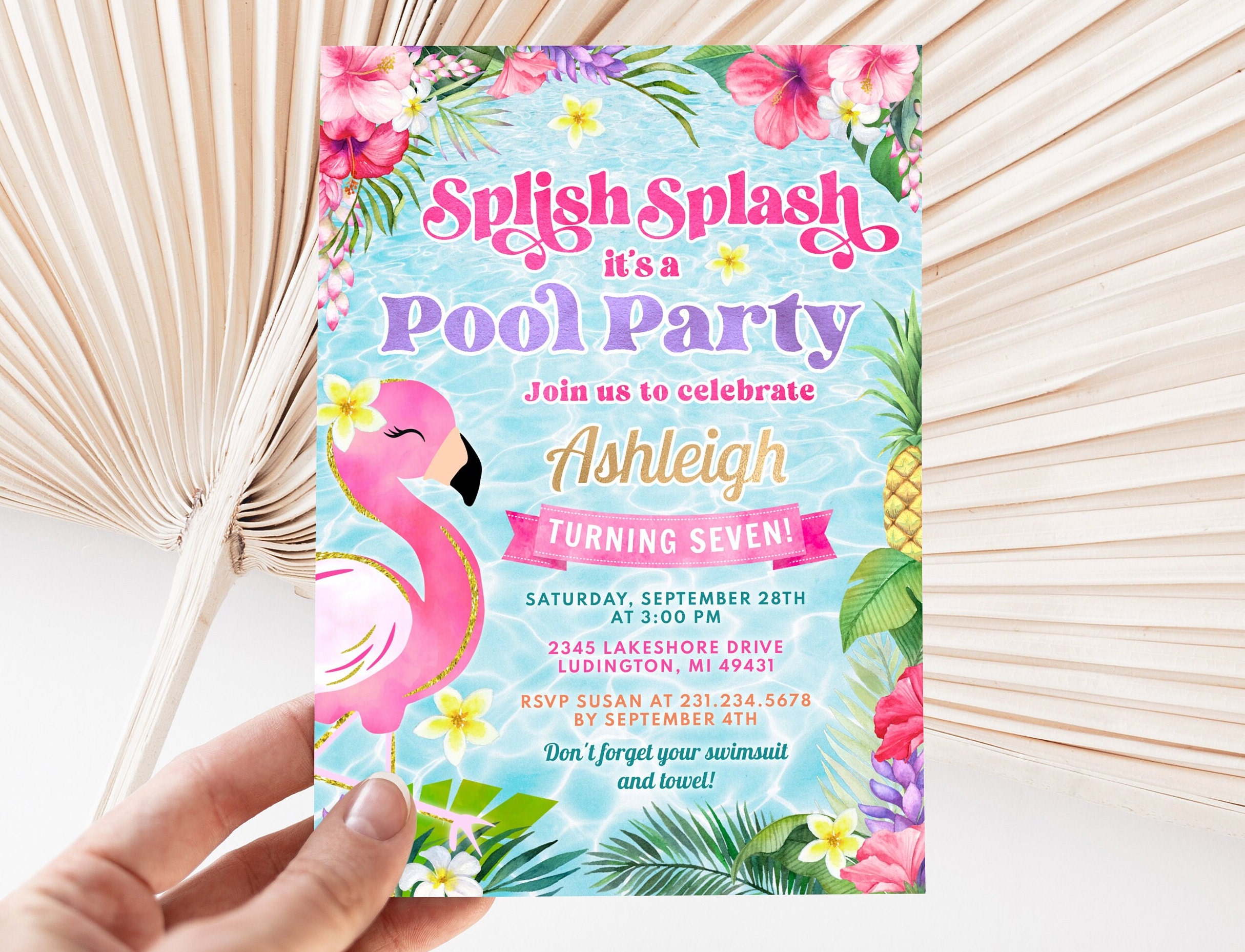 Splish Splash Pool Party Birthday Invitation - Girl Summer Birthday Invitation - Pink Flamingo Pool Party - Editable Digital Download FPTY
