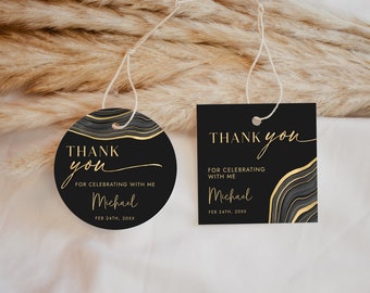 Black and Gold Favor Tag Template - Circle + Square Gift Tag Template - Party Favor Tag - Digital Download Editable 0300BG