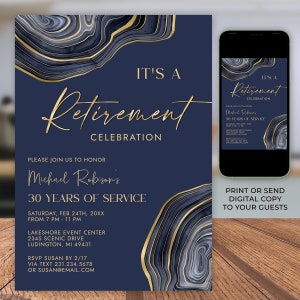 Retirement Party Invitation - Editable Work Retirement Invitation - Navy Blue and Gold - Digital Instant Download - Mens Womens 0300NBG