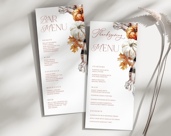 Editable Thanksgiving Menu -  Dinner + Drink Bar Menu Template - Modern Boho Event Menu - Thanksgiving Decor - Printable Download - TG FP00