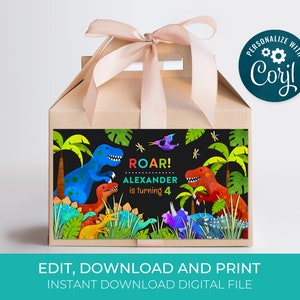Etiquetas editáveis para lembrancinhas de aniversário de dinossauro, etiquetas personalizadas para festa de dinossauro DNOP