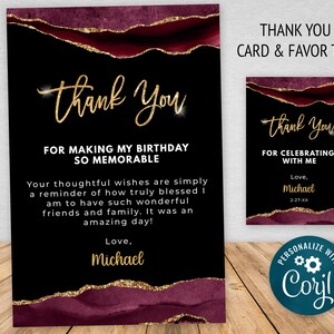 Burgundy and Gold Thank You Card and Gift Tag Template, Glitter Sparkle Instant Digital Download Editable AGT APBRLG