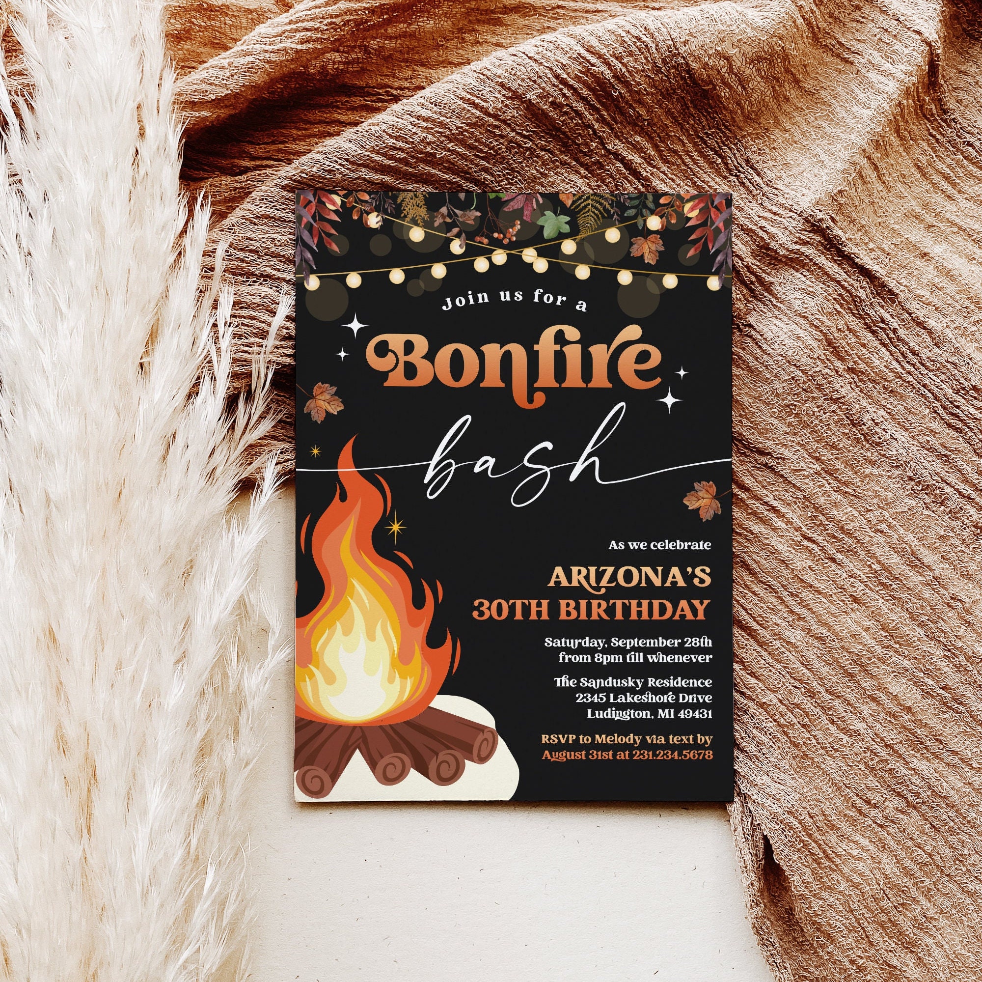 Fall R Invitations Bonfire Modern Backyard Bonfire Invitation - Fall Campfire Birthday Party Photo ...
