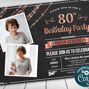 80th Birthday Photo Invitation EIGHTY Invite Party Photo Invite - Rose Gold Digital Instant Download 5x7 & 4x6 - Editable - adult womens