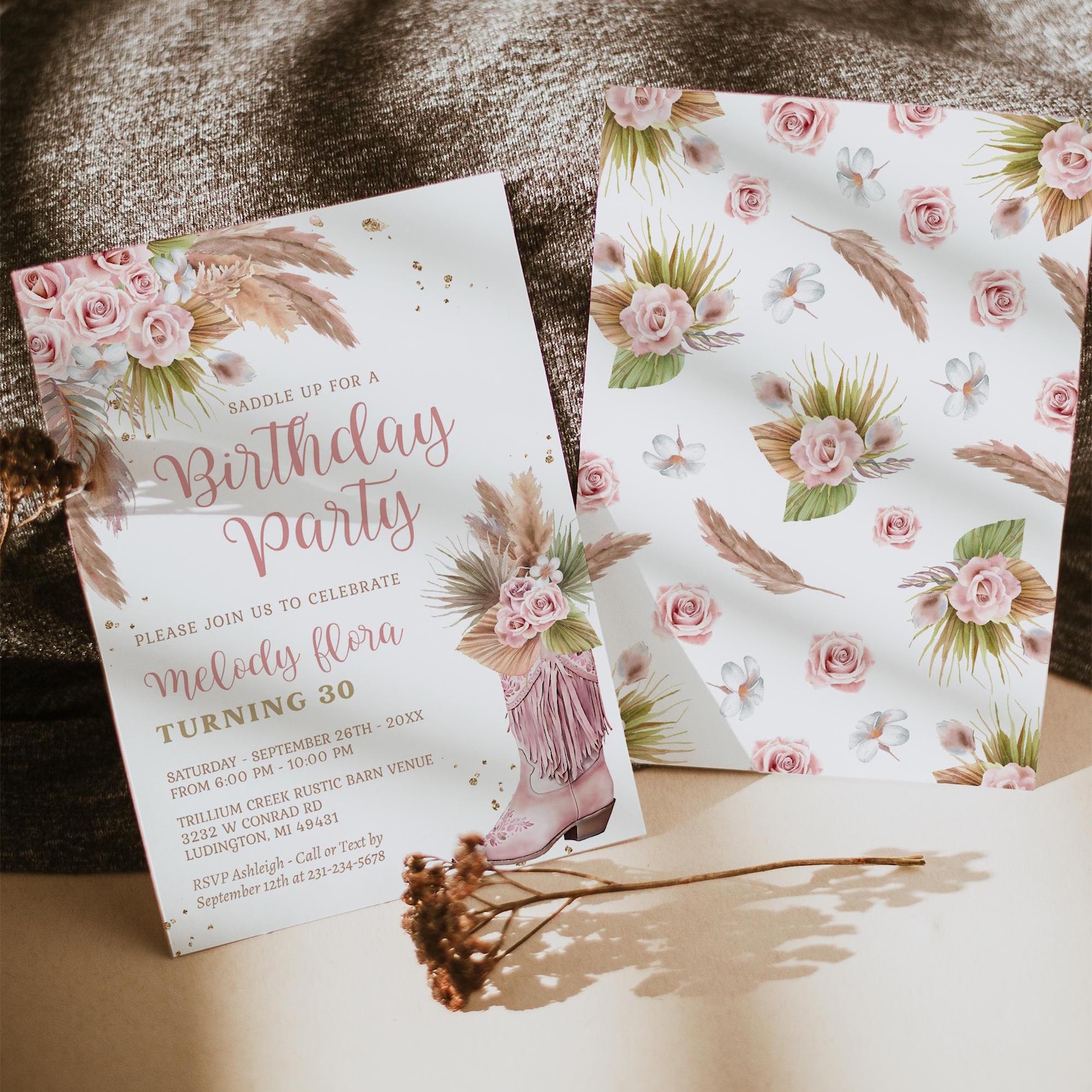 Editable Cowgirl Boot Birthday Invitation With Pampas Grass and Roses ...