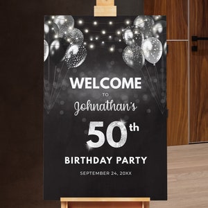 Birthday Welcome Sign Black Silver Welcome Sign Any Age Digital INSTANT download Editable Mens Womens BPB BGCS