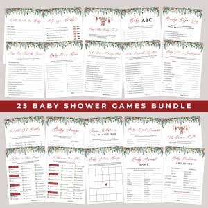 Pacchetto di 25 giochi modificabili Merry Little Baby Shower - Giochi per baby shower invernali - Natale rustico boho + bacche Download digitale CP160BBS