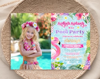 Splish Splash Pool Party Birthday Photo Invitation - Girl Summer Birthday Invitation - Pink Flamingo Pool Party - Digital Download FPTY
