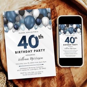 Balloons 40th Birthday Invitation - Adult FORTY Birthday Invite - Blue & White Birthday Party - Digital Instant Download - B40 BP40C