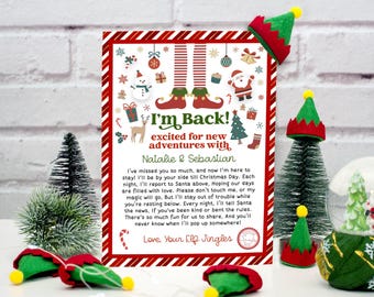 May include: A red and white Christmas card with a festive elf design. The card features a message from an elf named Jingles, who is back for new adventures with Natalie and Sebastian. The card is decorated with Christmas trees, ornaments, and other festive elements.