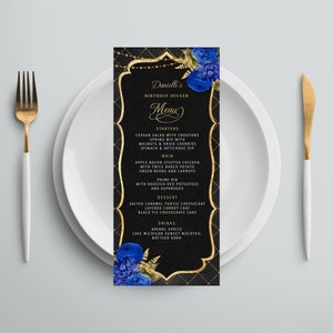 Plantilla de menú editable y menú de bebidas Plantilla de menú para eventos, color negro con purpurina dorada y rosas azul real Descarga instantánea digital BPR BP116