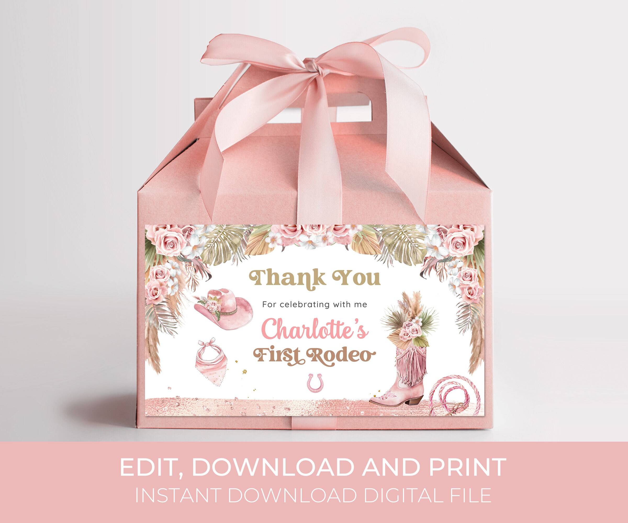 Pink Rodeo Theme Gable Box Boho First Rodeo Girl Birthday Gable Box Label Template, Cowgirl 1st ...